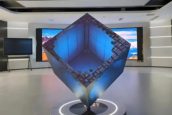 Dynamic 3D magic cube display enhancing modern commercial event spaces